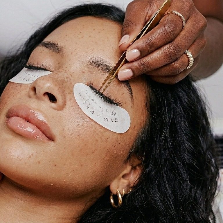 Lash extensions being individually applied during a professional lash treatment